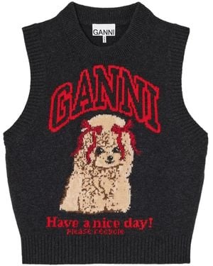 Ganni Wool Graphic Regular-Fit Sleeveless Ribbed Vest - Black