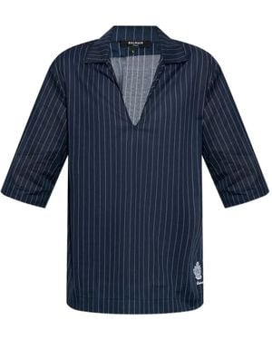 Balmain Pinstripe V-Neck T-Shirt - Blue