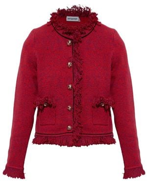 Self-Portrait Frayed Knit Jacket - Red