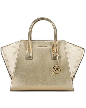 Michael Kors Avril Grote Metallic Leren Shopper Met Logo - Naturel