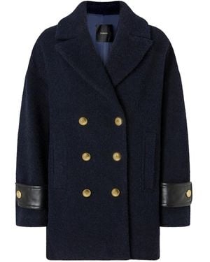 Pinko Double-Breasted Coat With Leather Cuffs And Accents - Blue