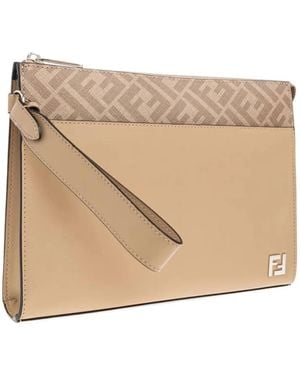 Fendi Ff Appliqué Leather Clutch Bag - Natural