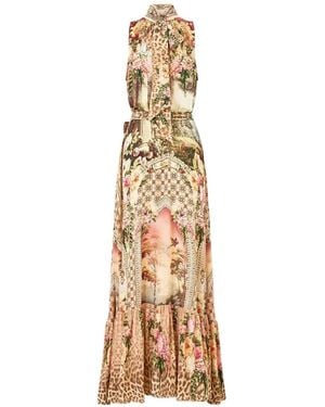 CAMILLA Watercolour Wonderland Neck-Tie Elasticated-Waist Maxi Dress - Metallic