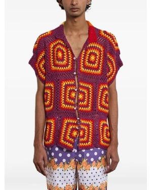 HARAGO Crochet-Knit Patchwork Shirt - Red