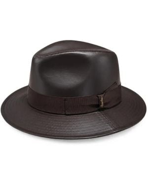 Borsalino Sophia Grosgrain-Trim Leather Fedora Hat - Black