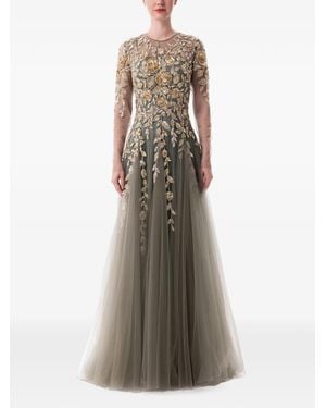 Dina Melwani Floral-Embroidered Chiffon Maxi Dress - Green
