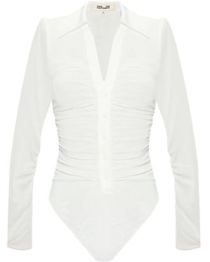 Diane von Furstenberg Semi-Sheer V-Neck Ruched Bodysuit - White