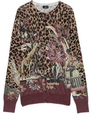 Etro Leopard-Print Floral-Intarsia Cardigan - Brown