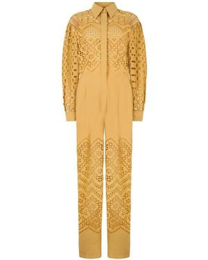 Alberta Ferretti Broderie-Anglaise Long-Sleeve Jumpsuit - Metallic