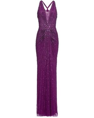 Jenny Packham Vestido largo Lana con detalle de lentejuelas y cuello en V - Morado