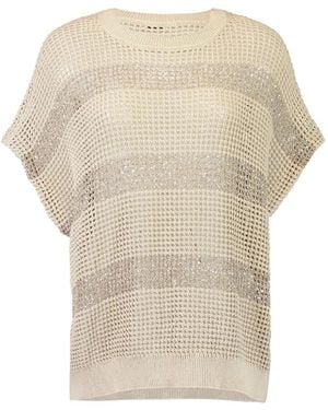 Brunello Cucinelli Top a rayas con cuello redondo - Blanco