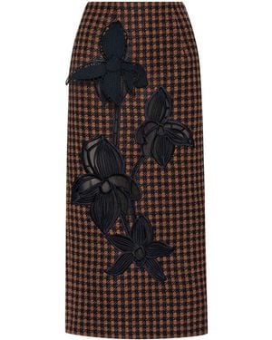 Oscar de la Renta Orchid Embroidered Check-Tweed Pencil Skirt - Black