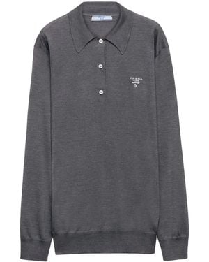 Prada Embroidered-Logo Silk Polo Shirt - Grey