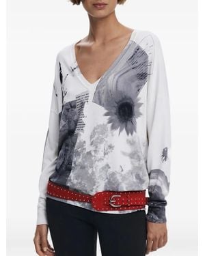 Desigual Graphic-Print V-Neck Top - Grey