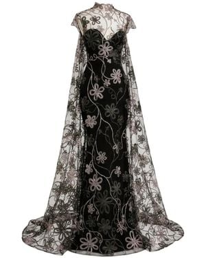 Gemy Maalouf Cape-Back Floral-Embroidered Dress - White