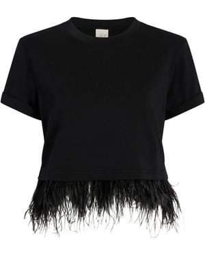 Cinq À Sept Short-Sleeve Feather-Trimmed Cropped T-Shirt - Black