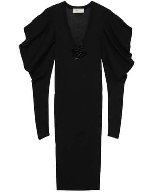Blumarine Brooch-Detail Puffed-Sleeve Midi Dress - Black