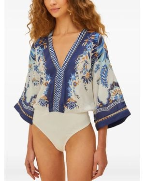 FARM Rio Floral-Print V-Neck Bodysuit - Blue