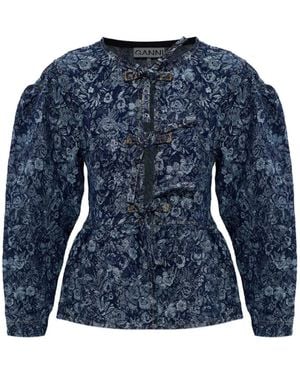 Ganni Floral-Pattern Denim Blouse - Blue