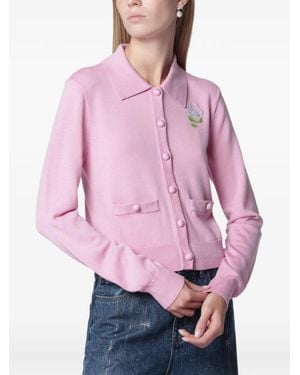 Self-Portrait Flower-Embroidered Knit Cardigan - Pink