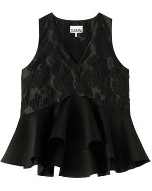 Ganni Satin Cloque Peplum Top - Black
