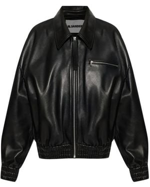 Jil Sander Zip-Up Leather Bomber Jacket - Black