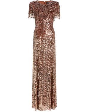 Jenny Packham Eugenie Sequin Fringed Maxi Dress - Brown