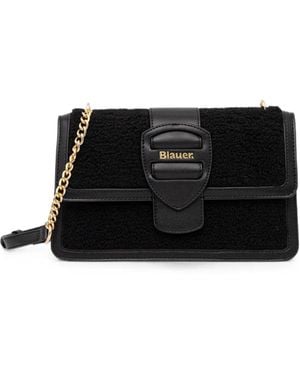 Blauer Bouclé-Texture Logo-Plaque Shoulder Bag - Black