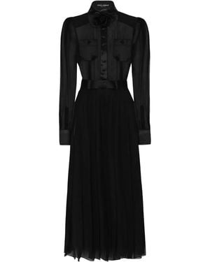 Dolce & Gabbana Chiffon Calf-Length Shirt Dress With Satin Details - Black
