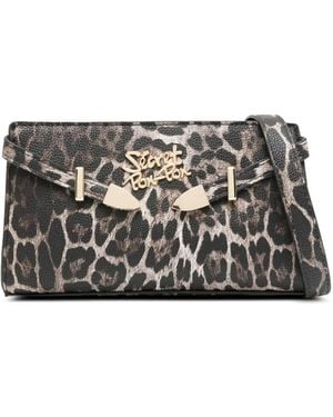 Secret Pon-pon Leopard-Print Logo-Plaque Clutch Bag - Grey