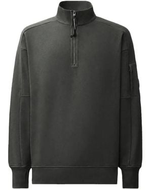 C.P. Company Fleece Lens Sweater Met Halve Rits En Diagonale Print - Zwart