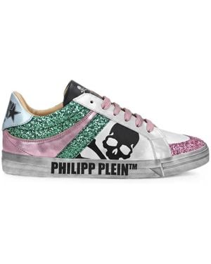 Philipp Plein Nappa-Leather Lo-Top Trainers Glitter Skull - White