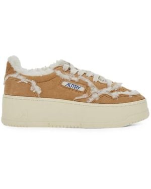 Autry Shearling-Trim Platform Sneakers - Natural