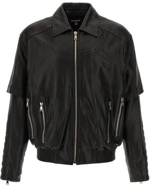 Balmain レイヤード レザージャケット - ブラック