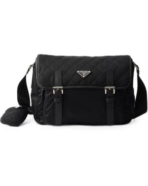 Prada Large Quilted Re-Nylon Shoulder Bag With Saffiano Trim - Black