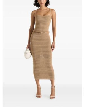 Manière De Voir Danika Metallic Rib-Knit Belted Midi Dress - Natural