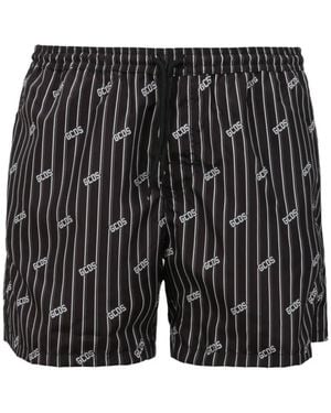 Gcds Logo-Print Pinstripe Swim Shorts - Black