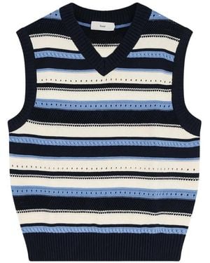 DUNST Striped V-Neck Sweater - Blue