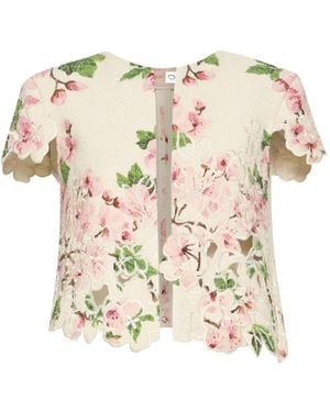 Oscar de la Renta Floral-Embroidered Cropped Jacket - White