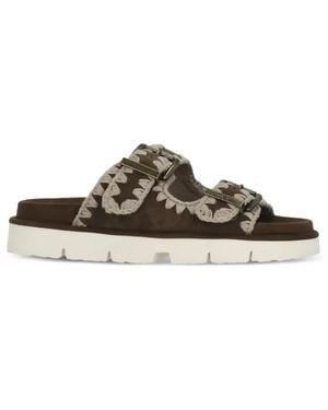 Mou Crochet-Trim Buckle-Strap Sandals - Brown