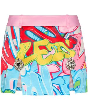 Philipp Plein Crystal-Embellished Graffiti-Print Miniskirt - Blue