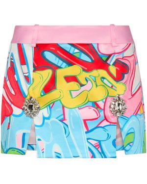 Philipp Plein Crystal-Embellished Graffiti-Print Miniskirt - Blue
