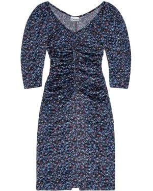 Ganni Gathered Satin Midi Dress - Blue
