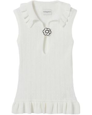 Claudie Pierlot Ruffled Pointelle-Knit Polo Top - White