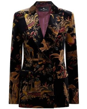 Etro Double-Breasted Cotton Velvet Jacket With Flower And Animal Overprint - Black