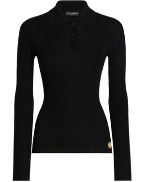 Dolce & Gabbana Ribbed Long-Sleeve Polo Top - Black