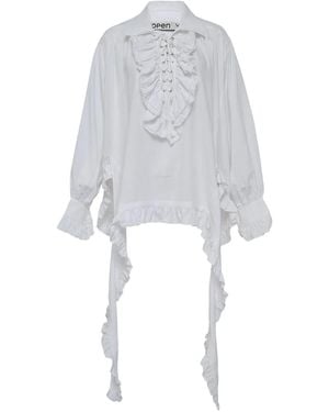 OPEN YY Ruffled Lace-Up Blouse - White