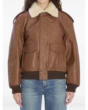 Saint Laurent Shearling-Collar Ribbed Bomber Jacket - Brown