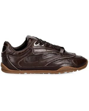 Pinko Crystal-Embellished Leather Sneakers - Brown
