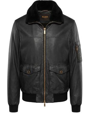 Moorer Shearling-Collar Leather Bomber Jacket - Black